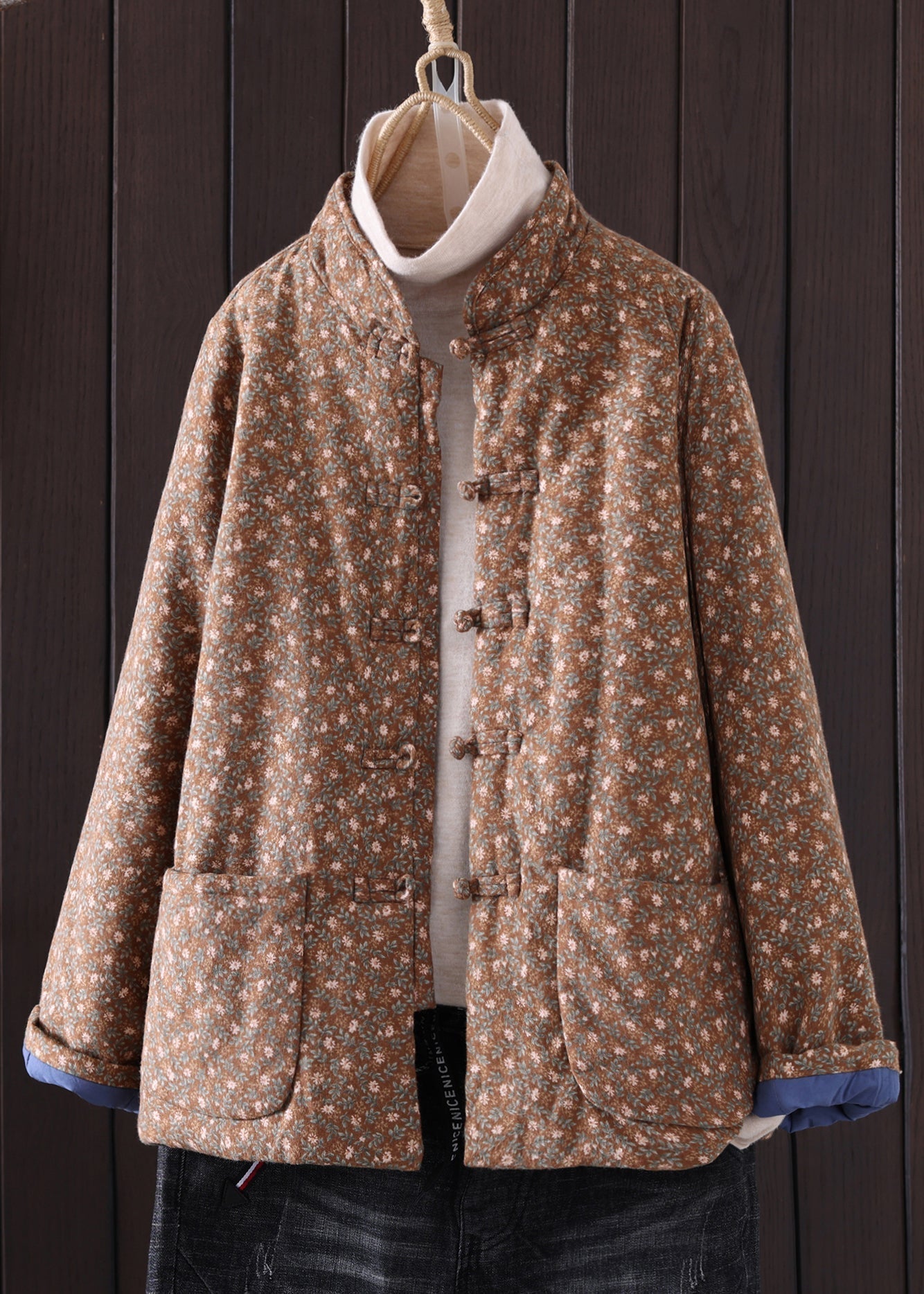 Art Red Print Button Pockets Thick Coat Winter QG036 OM-DJK241016