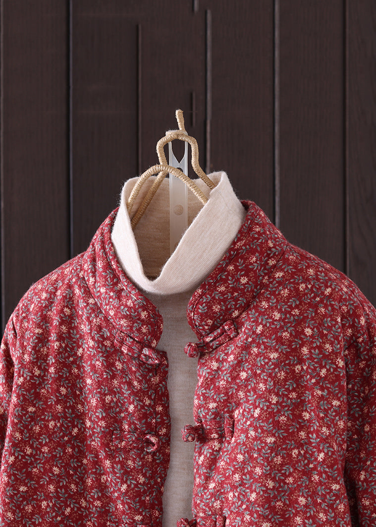 Art Red Print Button Pockets Thick Coat Winter QG036 OM-DJK241016