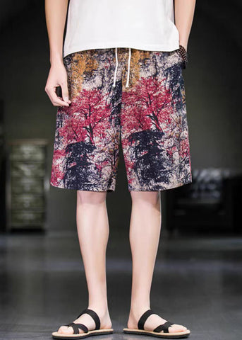 Elastic Red Pants Summer Waist Art Men Print Cotton FashionChic