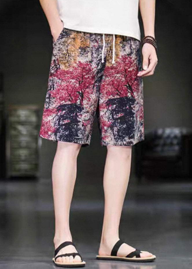 Elastic Red Pants Summer Waist Art Men Print Cotton FashionChic