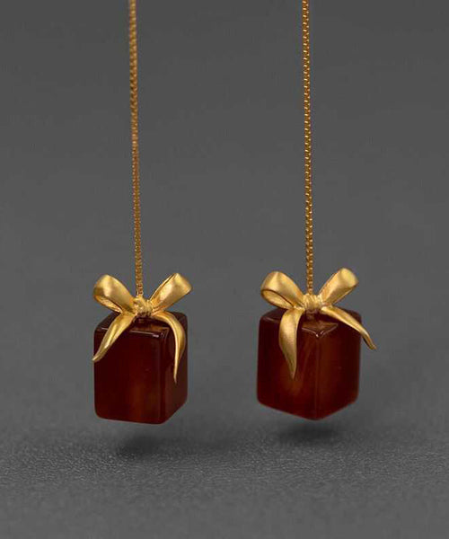 Art Red Sterling Silver Overgild Agate Bow Tassel Drop Earrings PO033 JEW-EAR240729