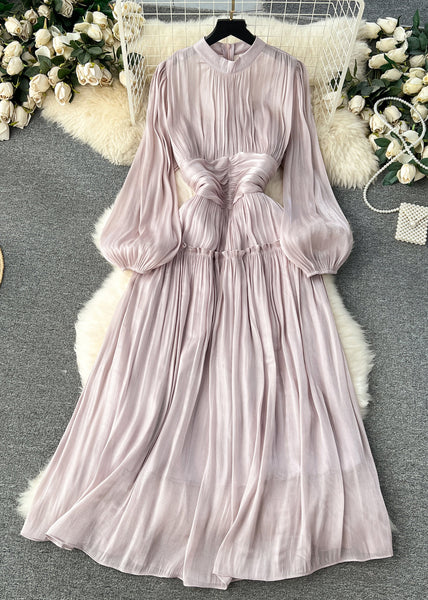 Art Red Wrinkled Solid Patchwork Silk Cotton Dress Long Sleeve TR053 ZS-FDL240730