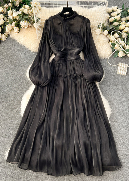 Art Red Wrinkled Solid Patchwork Silk Cotton Dress Long Sleeve TR053 ZS-FDL240730