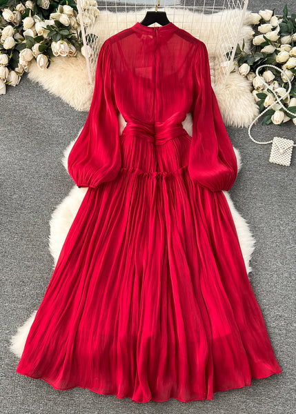 Art Red Wrinkled Solid Patchwork Silk Cotton Dress Long Sleeve TR053 ZS-FDL240730