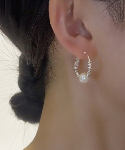 Pearl Earrings Broken Copper Hoop Art Silk Silver FashionChic