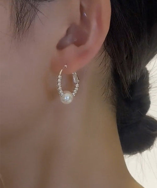 Pearl Earrings Broken Copper Hoop Art Silk Silver FashionChic