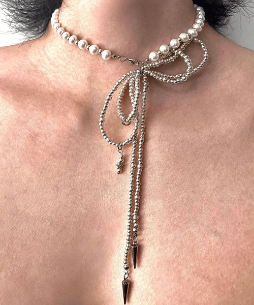 Art Silk Stainless Steel Pearl Bow Tie Lac Pendant Necklace YA017 ABC