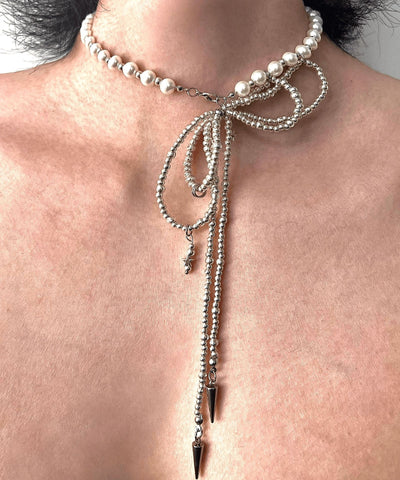 Art Silk Stainless Steel Pearl Bow Tie Lac Pendant Necklace YA017 ABC