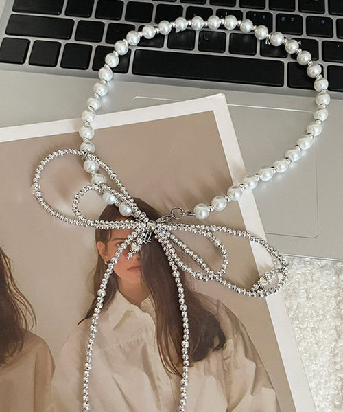 Art Silk Stainless Steel Pearl Bow Tie Lac Pendant Necklace YA017 ABC