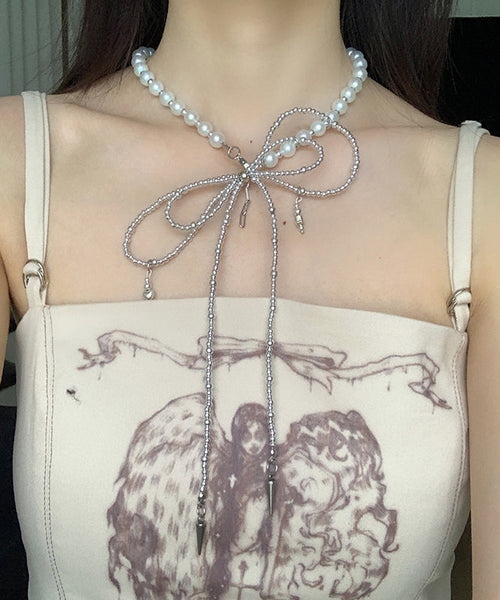 Art Silk Stainless Steel Pearl Bow Tie Lac Pendant Necklace YA017 ABC