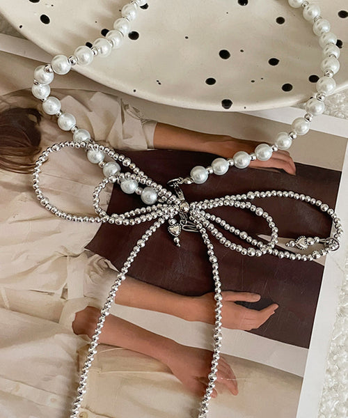 Art Silk Stainless Steel Pearl Bow Tie Lac Pendant Necklace YA017 ABC