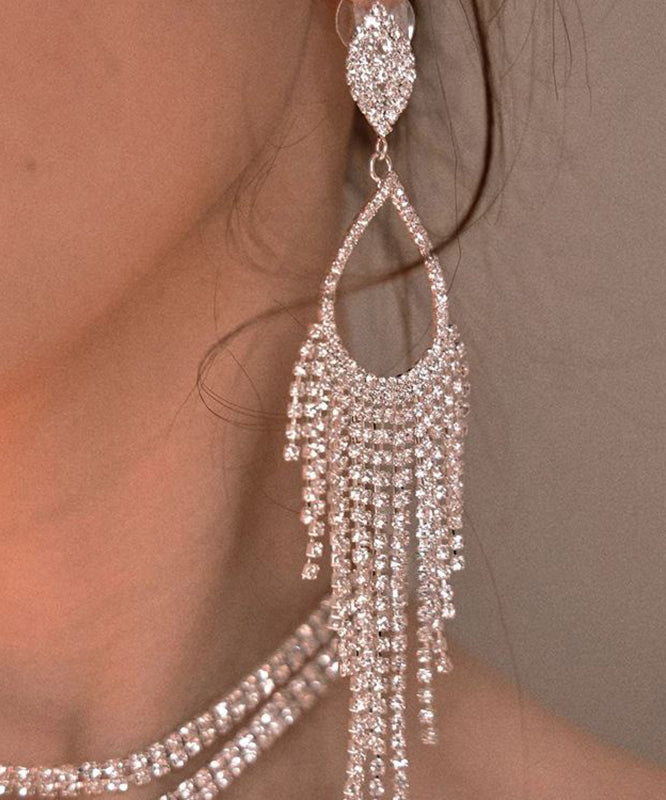 Art Silk Sterling Silver Zircon Water Drop Tassel Drop Earrings II024 JEW-EAR240825