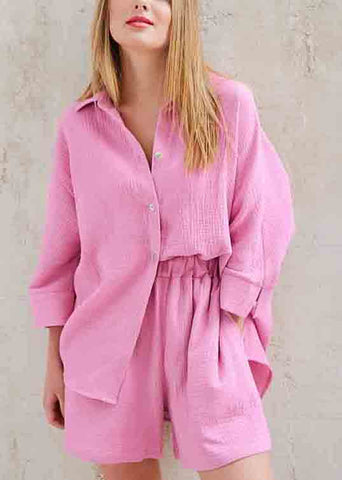 Solid Color Shorts Set Shirts Oversized Two And Pieces Art Cotton FashionChic