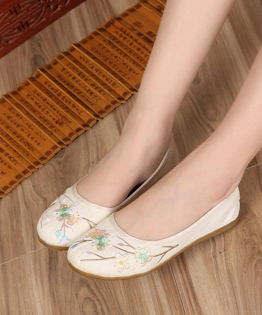 Art Splicing Flat Shoes For Women Beige Embroidered Cotton Linen Fabric RD026 ABC