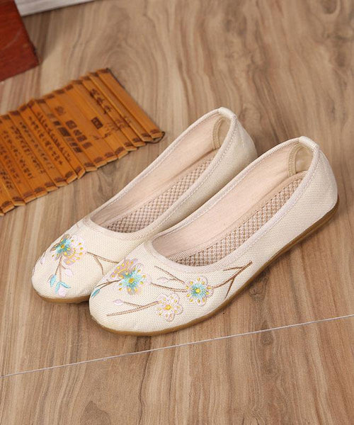 Art Splicing Flat Shoes For Women Beige Embroidered Cotton Linen Fabric RD026 ABC