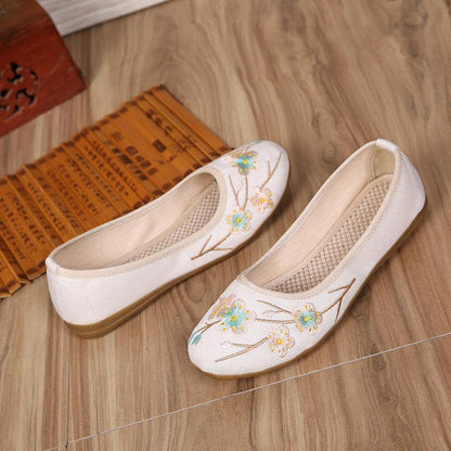 Art Splicing Flat Shoes For Women Beige Embroidered Cotton Linen Fabric RD026 ABC