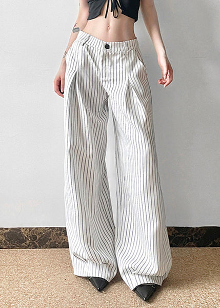 Pants Button Striped High Cotton Waist Summer Art FashionChic