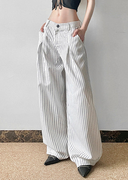 Pants Button Striped High Cotton Waist Summer Art FashionChic