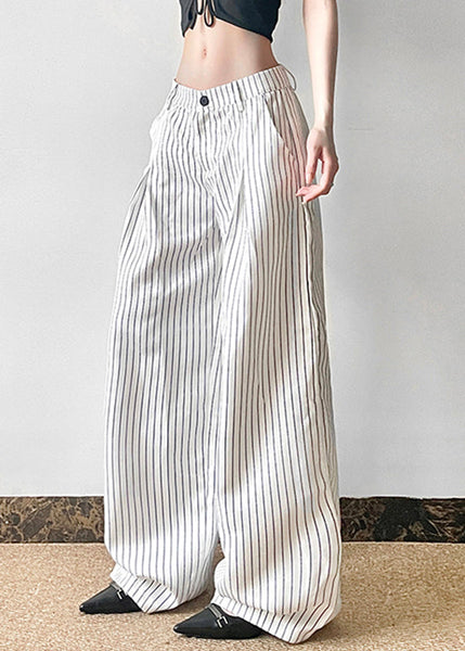 Pants Button Striped High Cotton Waist Summer Art FashionChic