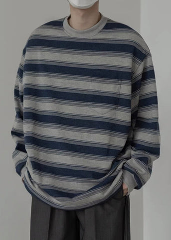 Men Art O-Neck Striped Pullover Cotton Spring Shirt T FashionChic