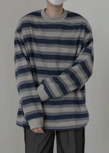 Men Art O-Neck Striped Pullover Cotton Spring Shirt T FashionChic