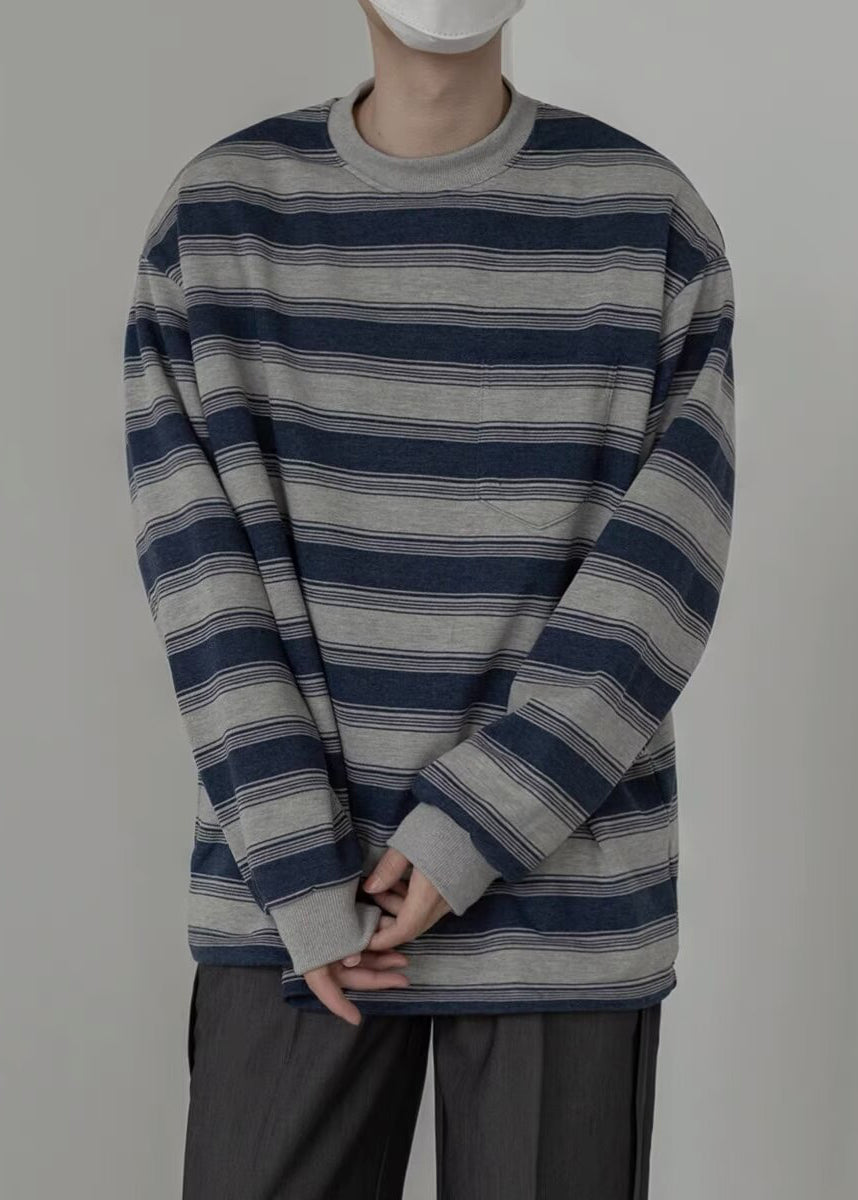 Men Art O-Neck Striped Pullover Cotton Spring Shirt T FashionChic