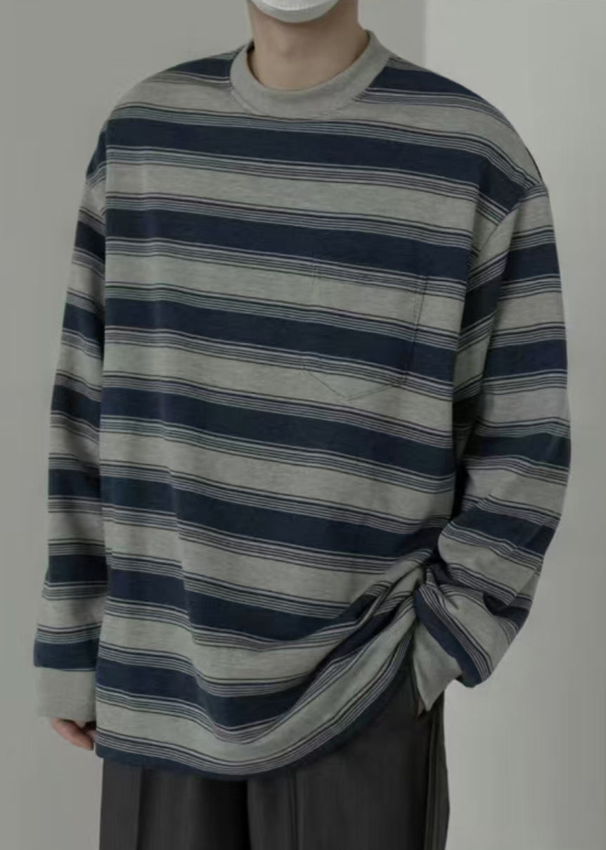 Men Art O-Neck Striped Pullover Cotton Spring Shirt T FashionChic