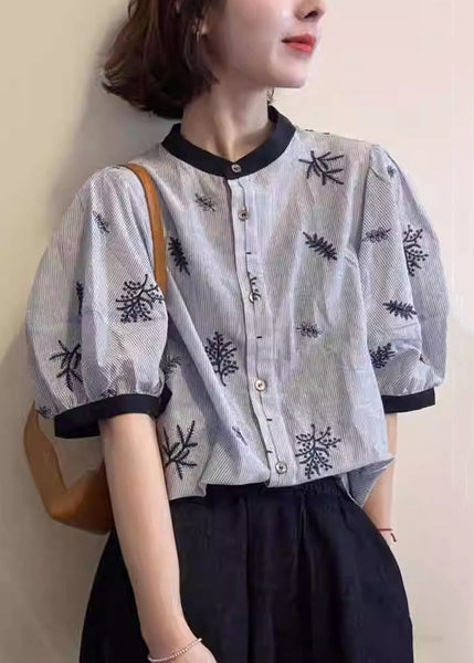 Art Blouses O Embroidered Neck Patchwork Summer Cotton Striped FashionChic