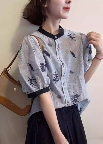 Art Blouses O Embroidered Neck Patchwork Summer Cotton Striped FashionChic