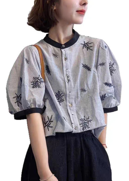 Art Blouses O Embroidered Neck Patchwork Summer Cotton Striped FashionChic
