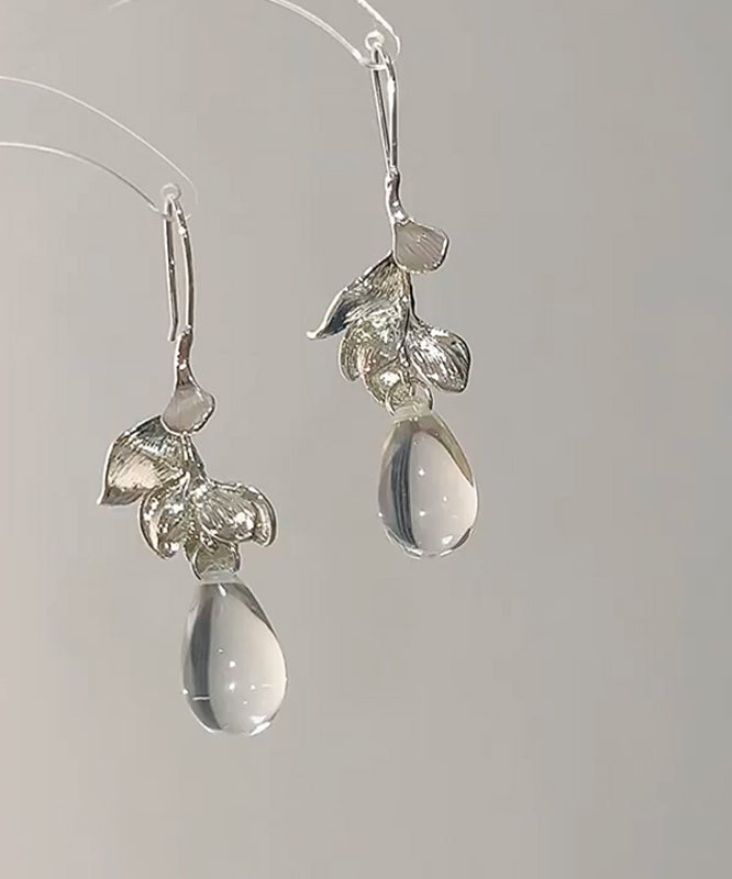 Earrings Drop Art Water Glass Alloy Droplet Leaves White FashionChic