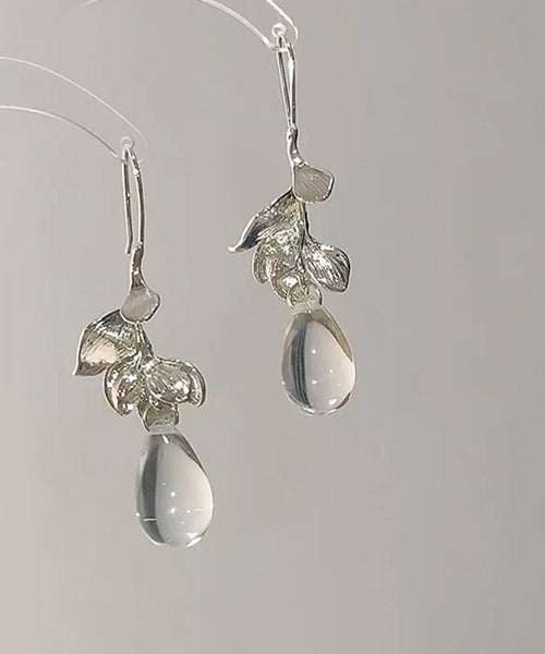 Earrings Drop Art Water Glass Alloy Droplet Leaves White FashionChic