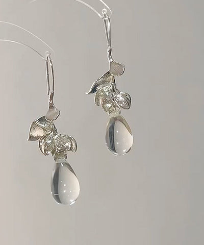 Earrings Drop Art Water Glass Alloy Droplet Leaves White FashionChic