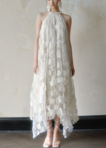 White Long Lace Dress Art Asymmetrical Sleeveless Pearl FashionChic