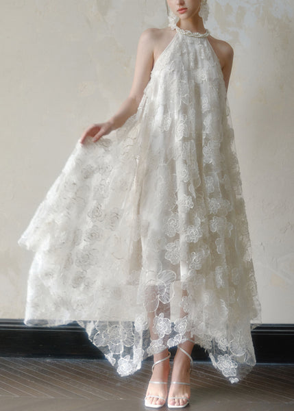 White Long Lace Dress Art Asymmetrical Sleeveless Pearl FashionChic