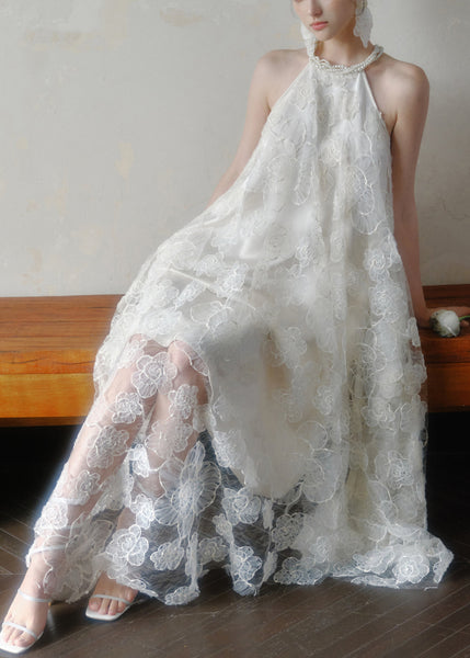 White Long Lace Dress Art Asymmetrical Sleeveless Pearl FashionChic