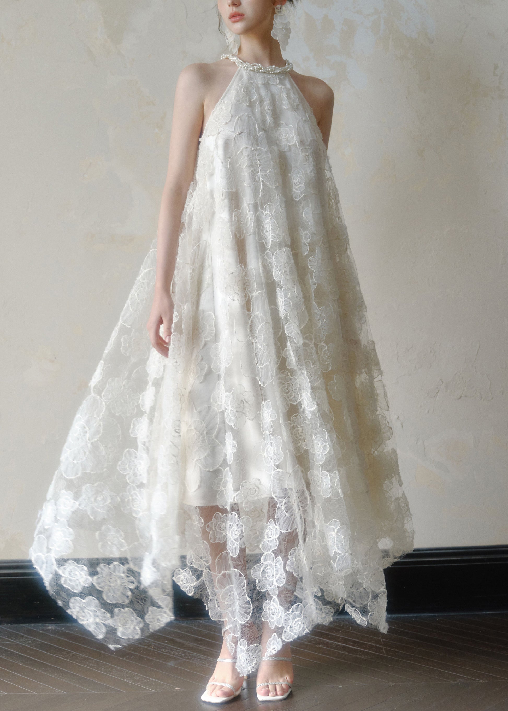 White Long Lace Dress Art Asymmetrical Sleeveless Pearl FashionChic