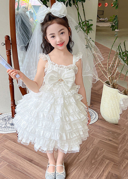 Art White Bow Patchwork Tulle Girls Long Spaghetti Strap Dress Summer YE010 ABC