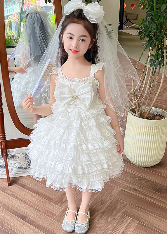 Art White Bow Patchwork Tulle Girls Long Spaghetti Strap Dress Summer YE010 ABC