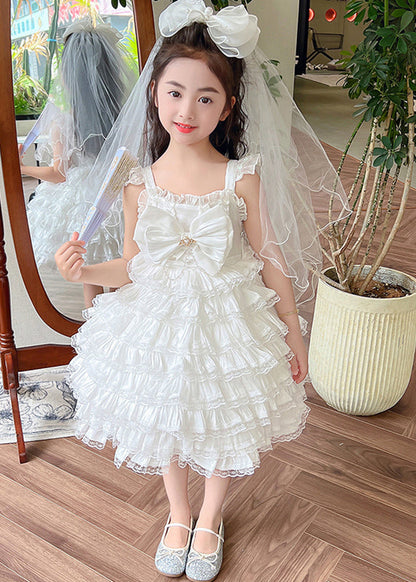 Art White Bow Patchwork Tulle Girls Long Spaghetti Strap Dress Summer YE010 ABC