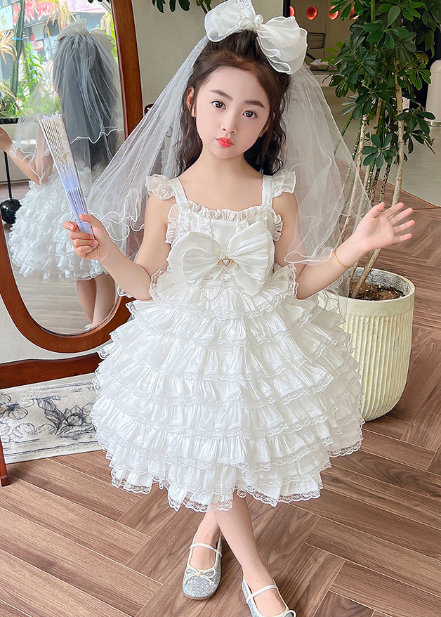 Art White Bow Patchwork Tulle Girls Long Spaghetti Strap Dress Summer YE010 ABC