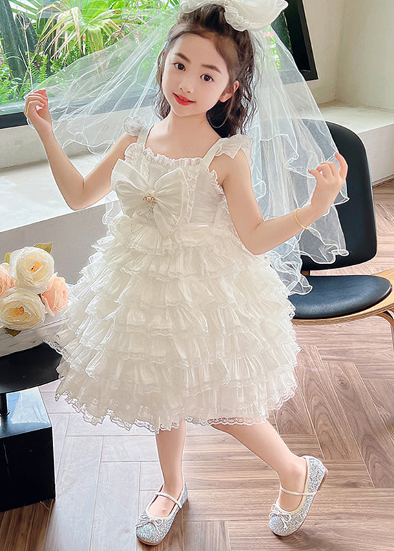 Art White Bow Patchwork Tulle Girls Long Spaghetti Strap Dress Summer YE010 ABC