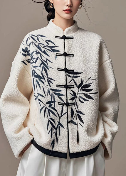 Art White Chinese Button Bamboo Print Faux Fur Jackets Winter MZF-CTS250315