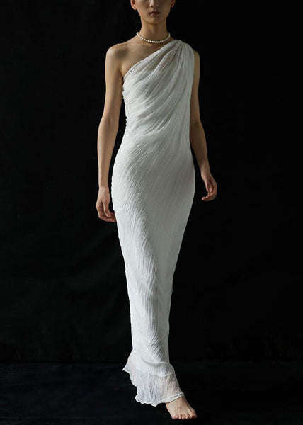 Wrinkled Cold Summer Shoulder Solid White Silk Art Dress Maxi FashionChic