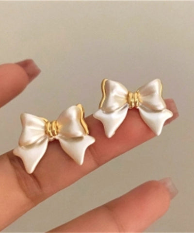 White Art Bow Earrings Copper Stud Alloy FashionChic