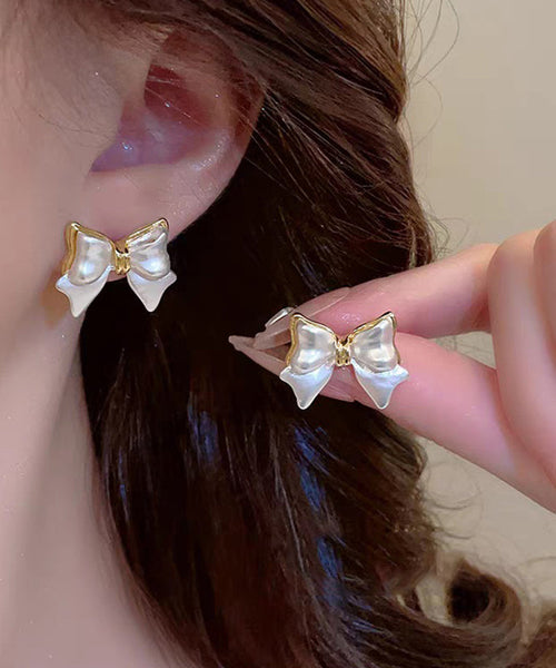 White Art Bow Earrings Copper Stud Alloy FashionChic