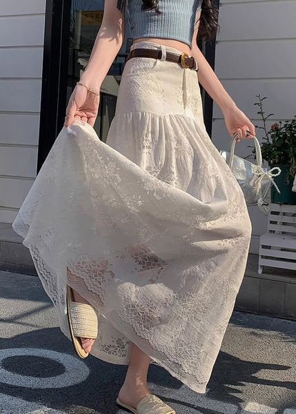 Out Art Lace White Hollow Skirt Waist High Summer FashionChic