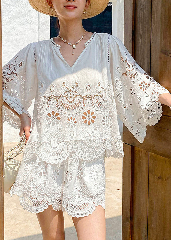 Half Two Sleeve Lace Piece Out Set Art White Hollow FashionChic