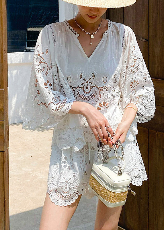 Half Two Sleeve Lace Piece Out Set Art White Hollow FashionChic