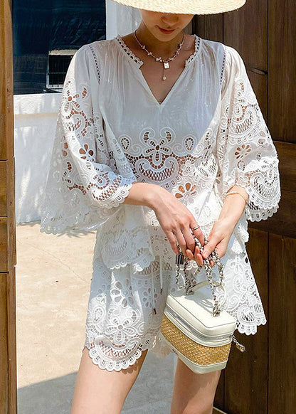 Half Two Sleeve Lace Piece Out Set Art White Hollow FashionChic